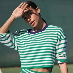 Anthropologie Daily Practice Long-Sleeve Striped Cropped Sweater XS Preppy Chic